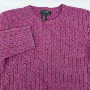 Lauren Ralph Lauren Medium Cable Knit Sweater Pink Purple Merino Wool Angora mix